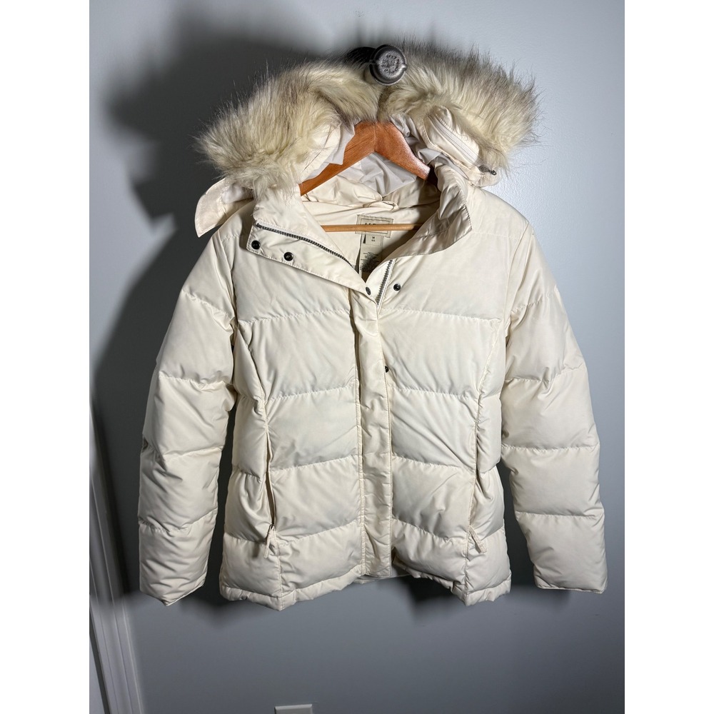 LL Bean Womens Ultra Warm Down Jacket Faux Fur Hood Cream Puffer 234009 Medium